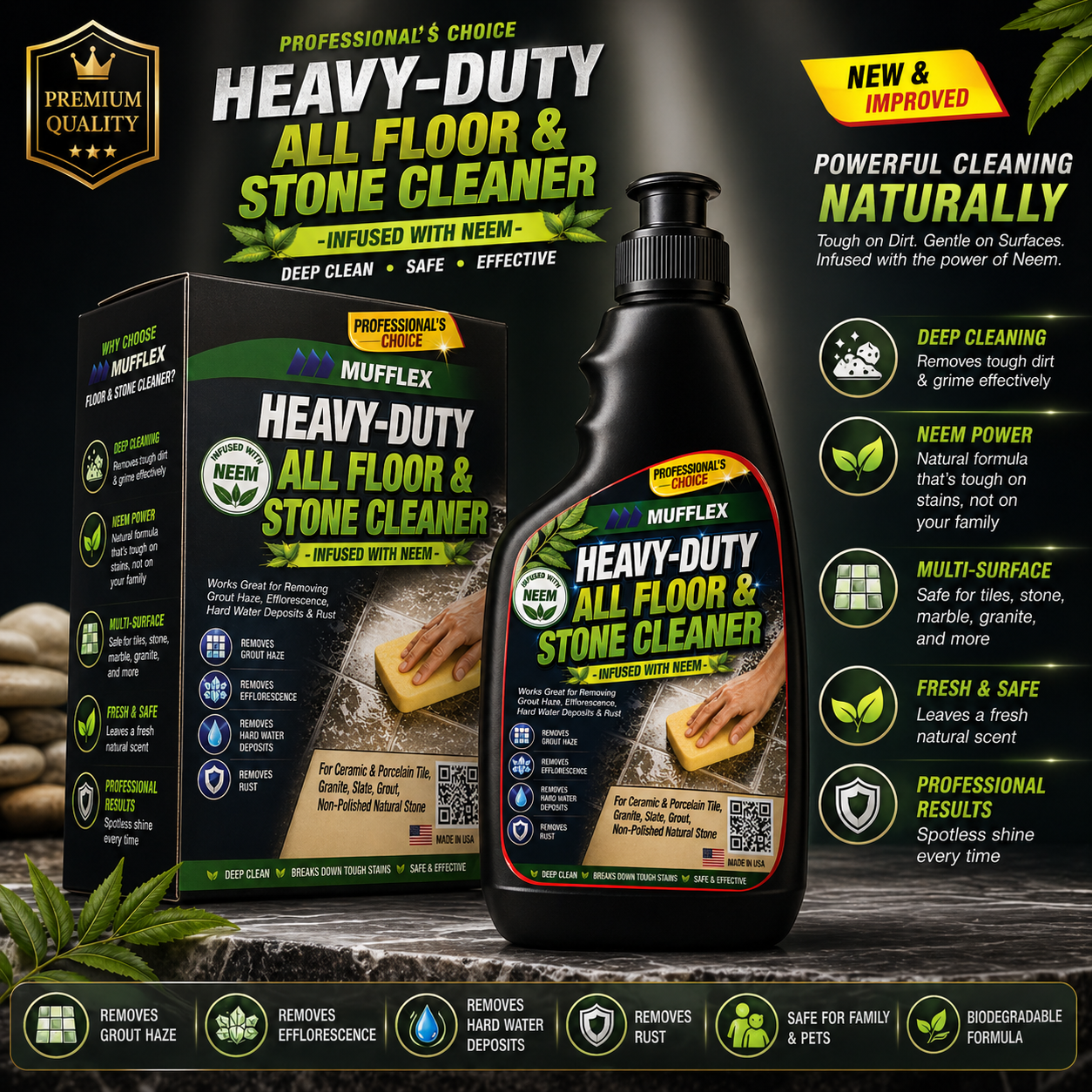 Heavy Duty Floor & Stone Cleaner with Neem | Removes Hard Water Stains, Grout Haze, Rust & Efflorescence | Deep Cleaning Multi-Surface Tile Cleaner | Professional Grade