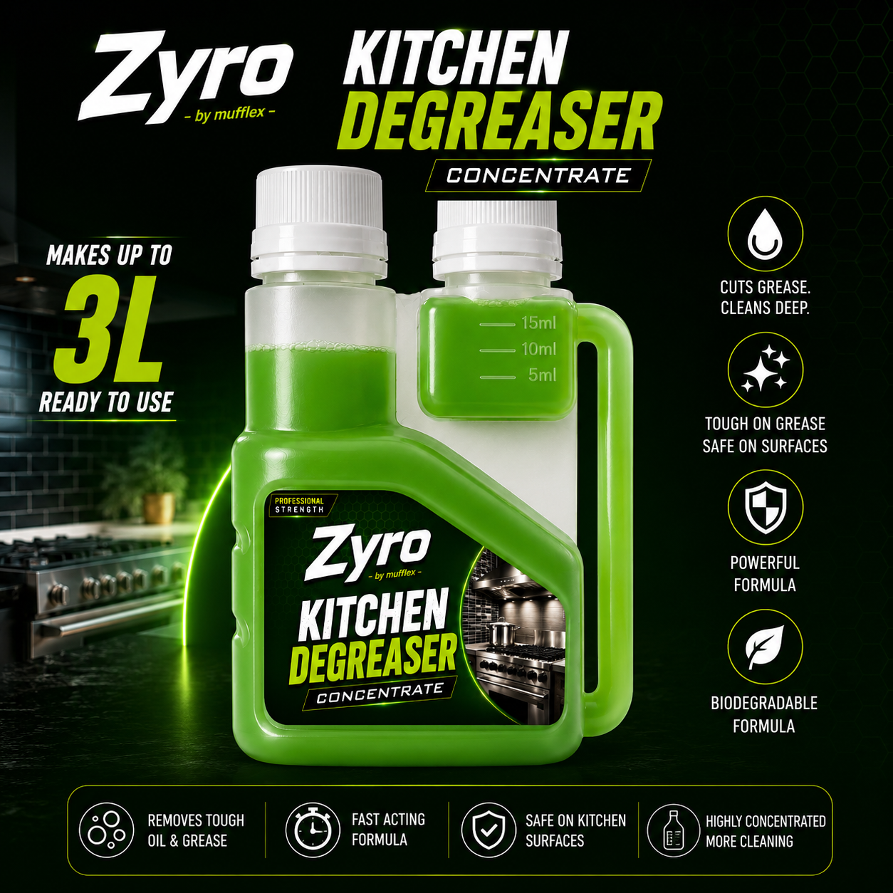 Zyro Kitchen Degreaser Concentrate (Makes Up To 3L)+ Spray Bottle