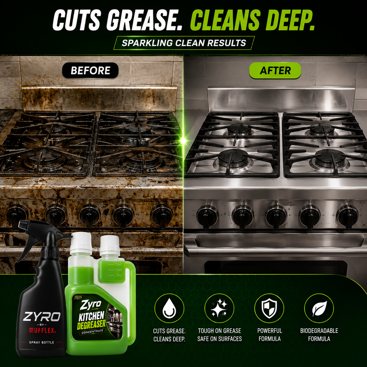 Zyro Kitchen Degreaser Concentrate (Makes Up To 3L)+ Spray Bottle